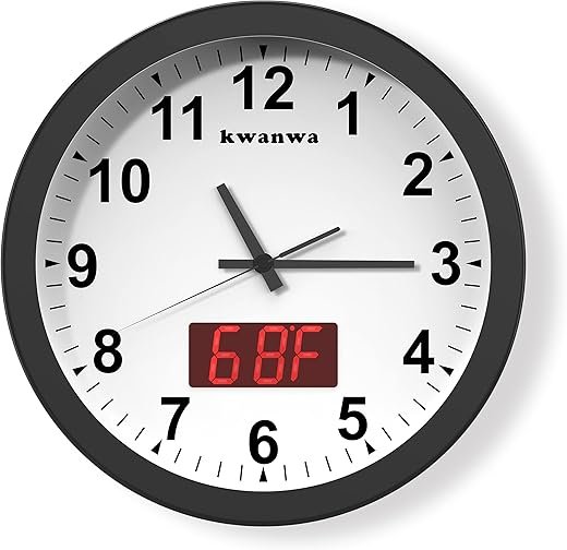 Wall Clock, Digital Clock, 12" Metal Frame Quartz LED Analog Wall Clock, Light Sensor Auto 1.4'' LED Time or Temperature Display, Battery Powered, Adjustable Brightness, Silent Quiet Sweep Second Hand