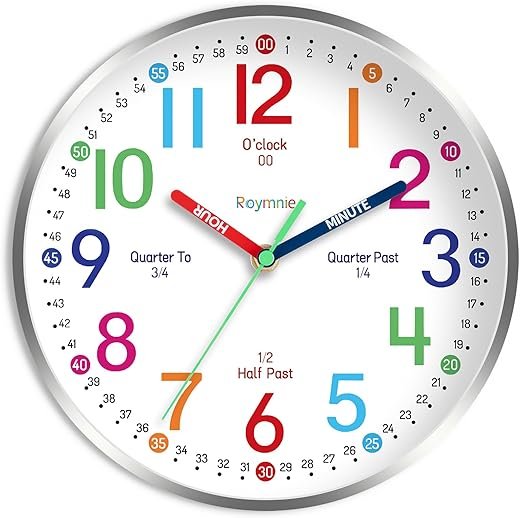 Wall Clock for Kids Learning to Tell Time Easily Non Ticking Battery Operated Kids Teaching Clock Silent Colorful Teaching Time Clock Decorative for Kids Room Classroom School (8 Inch)