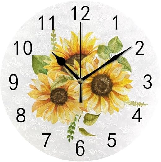 Wall Clock for Living Room Decor Sunflowers Bouquet Watercolor PVC 9.8 Inch Hanging Round Desk Clocks Silent Non-Ticking Battery Operated Easy to Read Bathroom Kitchen Office