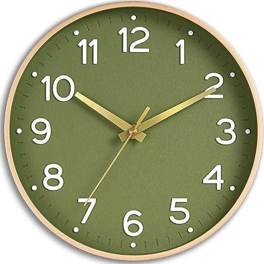 Wall Clock Green, Silent Wall Clocks Battery Operated 8 Inch-Modern Non Ticking Analog Clock Decorative for Kitchen Office Bathroom Bedroom(Gold)