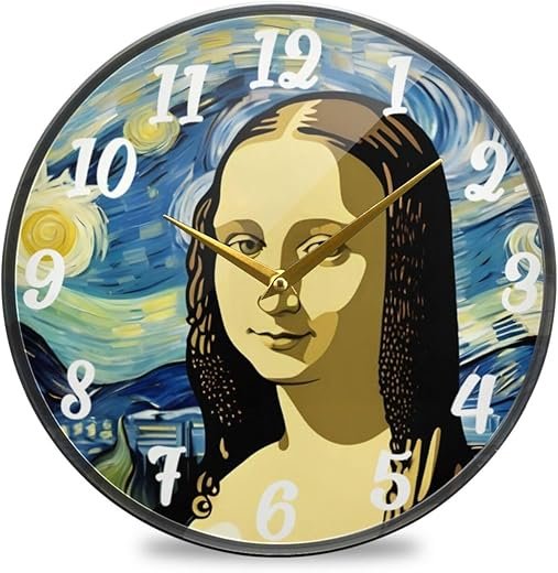 Wall Clock Mona Lisa Van Gogh Print 9.5 Inch Round Quiet Decorative Desk Clock for Bedroom Living Room Kitchen