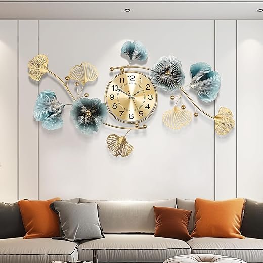 Wall Clocks for Living Room Decor,Large Wall Clock,3D Creative Metal Ginkgo Leaf Design,with Silent Movement Wall Clocks for Home Wall Decor Clock（32"x18"）