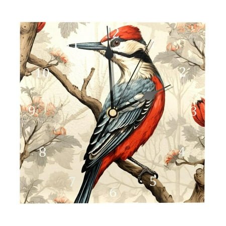 Wall Clocks, Woodpecker Bird on Red Berries Branch Battery Operated Number Clock for Bedroom Living Kitchen Office Home Decor Silent & Non-Ticking