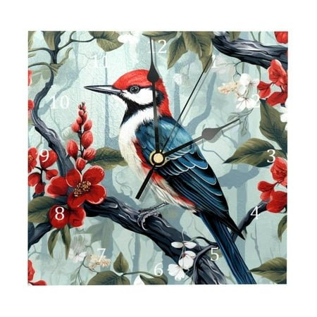 Wall Clocks, Woodpecker Bird on Red Berries Branch Battery Operated Number Clock for Bedroom Living Kitchen Office Home Decor Silent & Non-Ticking