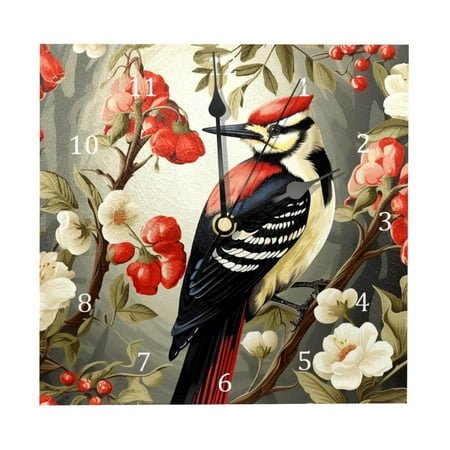 Wall Clocks, Woodpecker Bird on Red Berries Branch Battery Operated Number Clock for Bedroom Living Kitchen Office Home Decor Silent & Non-Ticking