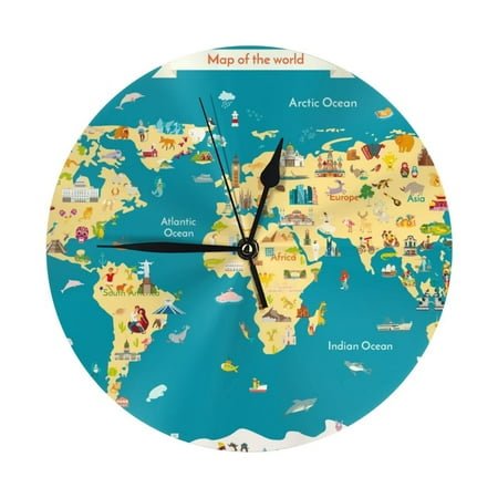 Wall Clock World Map With Landmarks Wall Clocks Battery Operated, Modern Wall Clock for Bedroom, Classroom, Living Room, Office, Home Decor