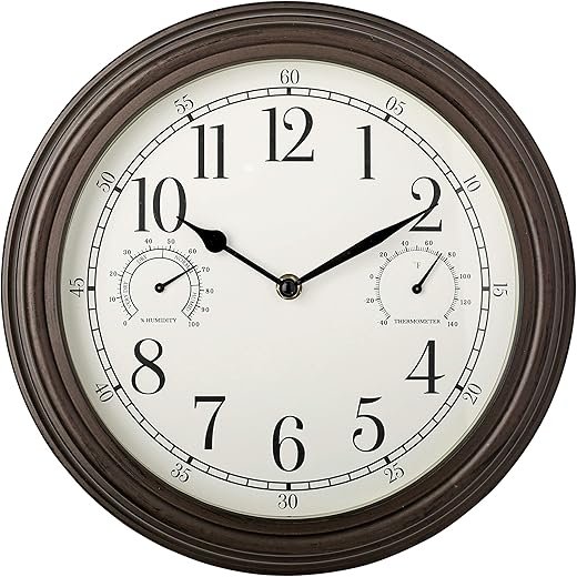 Westclox Indoor/Outdoor Wall Clock with Temperature & Humidity Gauges, Weather-Resistant, Quartz Accuracy, Battery-Powered (Bronze, 12-Inch)