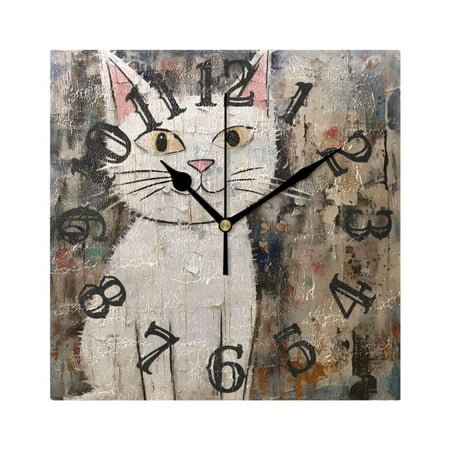 White Cat in Wall Wall Clock Square Silent Non Ticking Battery Operated Clock for Home Bathroom Kitchen Bedroom Living Room