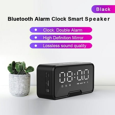 Windfall Touch Portable Wireless Bluetooth Speakers Q6 Bluetooth 5.0 Wireless Rechargeable Stereo Speaker Radio Alarm Clock Mirror Speakers for Home Outdoor Travel-Black