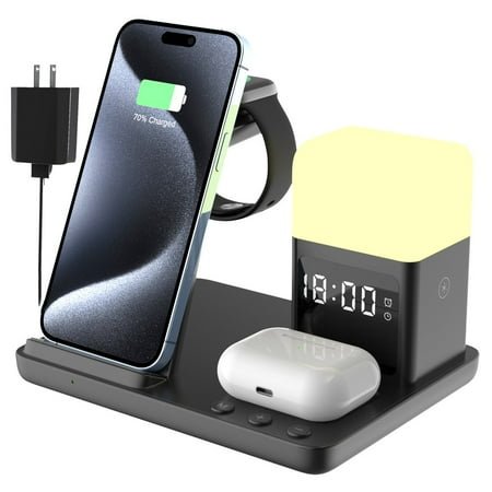 Wireless Charger for iPhone, 6 in 1 Fast Phone Charger Stand Dock with Alarm Clock Night Light, Wireless Charging Station for Apple Watch, for Airpods 3/2/Pro, for iPhone 15/14/13/12/11/Pro/Max