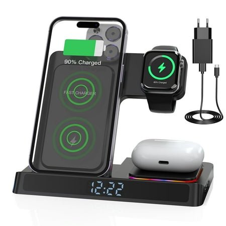 Wireless Charger iPhone ,Foldable 4 in 1 Fast Charging Station for Apple iWatch , Airpods ,iPhone with Clock and QC3.0 Adapter Black