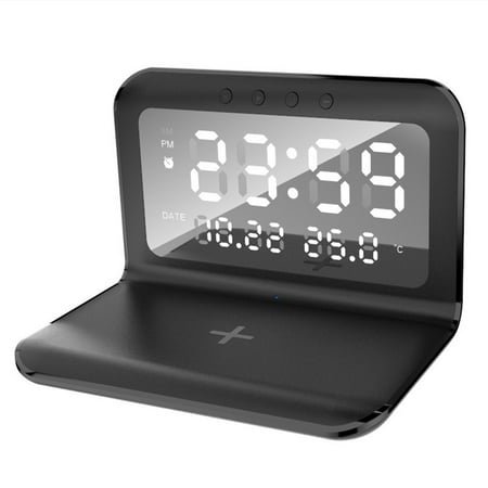 Wireless Charger Pad Stand with Alarm Clock Thermometer for iPhone 14 13 12 11 X for Xiaomi for Samsung 15W Phone Fast Charging Station (Black)