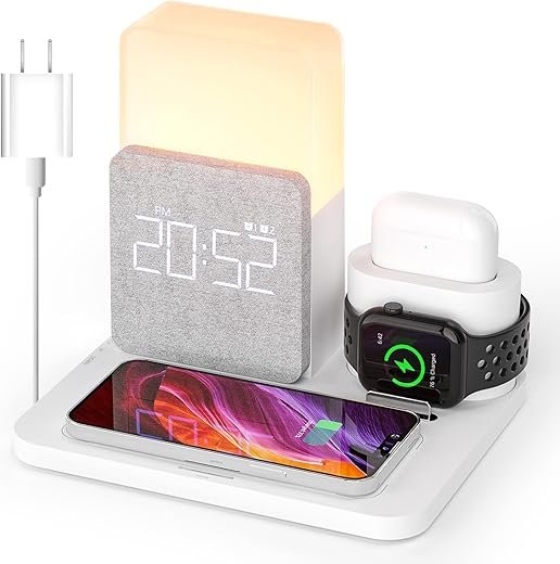 Wireless Charging Station, 3 in 1 Charging Station, Alarm Clock with Wireless Charger, Wireless Charger for iPhone 16 15 14 13 12 11 X Pro Max & Apple Watch, AirPods(QC3.0 Adapter Included)