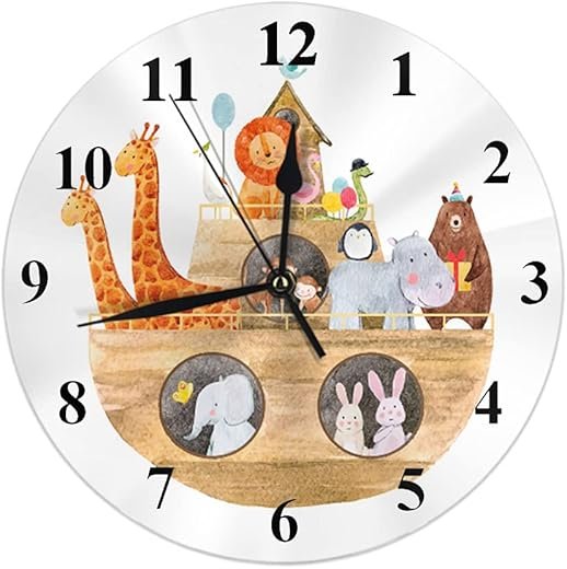 WONDERTIFY Baby Noah's Ark Wall Clock Colorful Silent Non-Ticking Round Clock Decorative Battery Operated Wall Clock 10 Inch