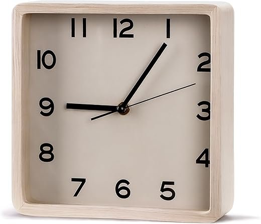 Wooden Wall Clock, 8 Inch Non-Ticking Silent Square Wall Clock, Battery Operated, Modern Simple Style Log Decor Clock for Home/Office/School/Kitchen/Bedroom/Living Room (Beige)