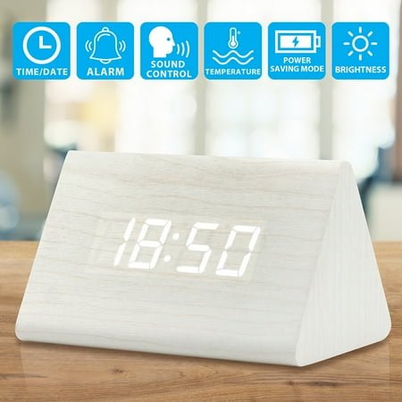 Wooden Wood Clock New LED Alarm Desk Clock Displays Time Date Temperature - White