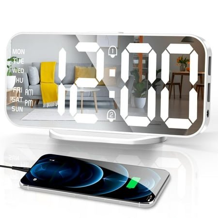 Worcest Digital Alarm Clock, Slim LED Mirror Desk Clocks for Bedrooms, Large Display with Diming Mode, Dual Alarms & USB Ports, 4 Levels Brightness, Modern Decoration for Home Living Room Decor, White