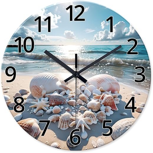 XNM Analog Blue Beach Wall Clocks for Living Room Office Coastal Sea Shell Wall Clock Battery Operated 12 Inch Modern Round Glass Wall Clock Non Ticking