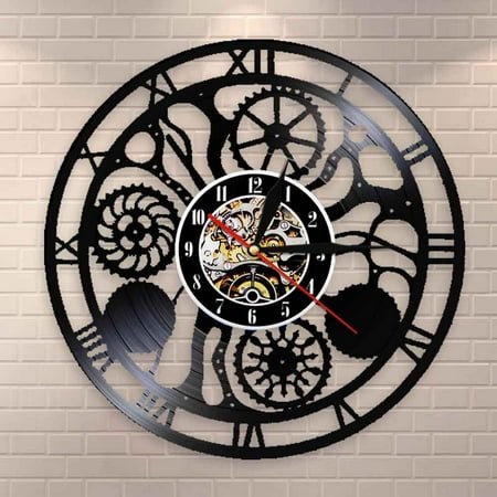 YanGxx Gears and Cogs Wall Clock Cogwheels Science Art Artificial Intelligence Steampunk Neuroscience Art Vinyl Record Wall Clock