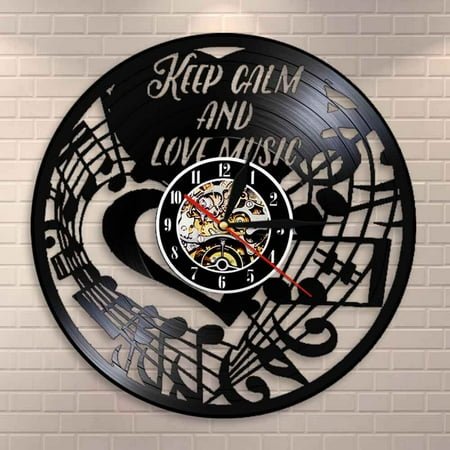 YanGxx Keep Calm and Love Music Inspirational Wall Clock Music Note Treble Bass Clef Vinyl Record Wall Clock Music Studio Clock Watch