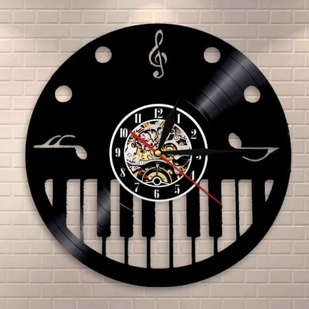 YanGxx Piano Keys and Treble Clef Vinyl Record Wall Clock Pianist Musical Artist Studio Room Wall Decor Vintage Clock Piano Wall Art