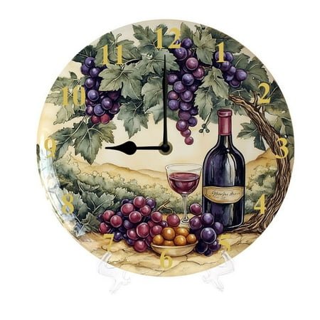 YJIANKANGZ Home Decor Vintage Wine Grape Round Wall Clock 10 Silent Non-Ticking Battery Operated Clock Home Decor for Living Room, Bathroom, Bedroom, Kitchen