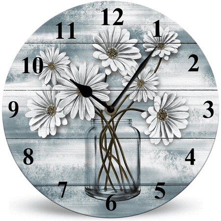 Ymaotrade Vintage Daisy Floral with Teal Wood Wall Clock 10in Battery Operated Non-Ticking Wall Clock, Rustic Country Style Wall Clocks for Bedroom, Kitchen, Home, Living Room, Office, Hotel