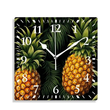 10 Inch Wall Clock Battery Operated Silent Clock Decorative for Office, Kitchen, Outdoor, Living Room，Pineapple Palm Leaf Pineapple Lovely Art