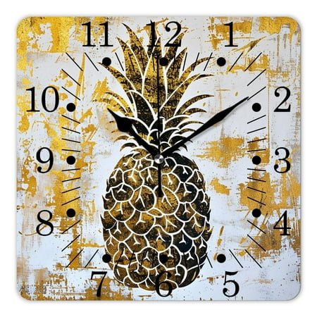 10 Inch Wall Clock Battery Operated Square Clock for Office, Kitchen, Outdoor, Living Room,Gold Pineapple Fruit White Summer Exquisite