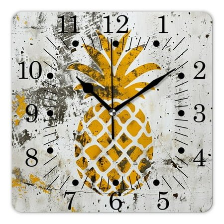 10 Inch Wall Clock Battery Operated Square Clock for Office, Kitchen, Outdoor, Living Room,Gold Pineapple Fruit White Summer Adorable