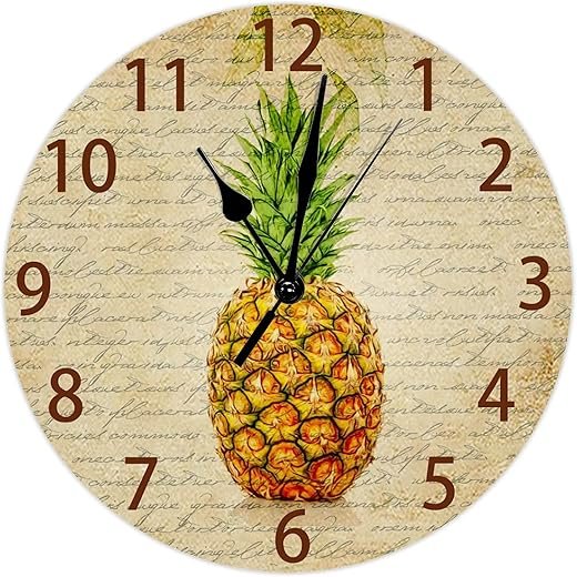 10 Inch Wall Clock Round Floral Pineapple Tropical Fruit Hanging Wooden Clocks Silent Non Ticking Battery Operated Clocks for Summer Home Living Room Kitchen Bedroom Wall Decor