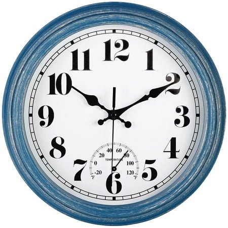 12 Inch Retro Wall Clock,Indoor and Outdoor,Quartz,Analog,Waterproof,Thermometer,Blue