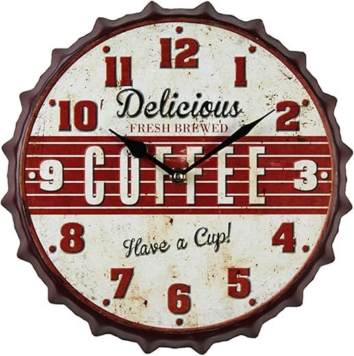 12 inch Vintage Bottle Cap Wall Clock, Battery-Run Silent Movement, Red