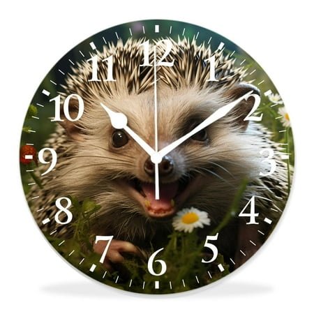 12 Inch Wall Clock Battery Operated Silent Clock Decorative for Office, Kitchen, Outdoor, Living Room，Funny Cute West European Hedgehog Animal on Green Grass Meadow Beautiful