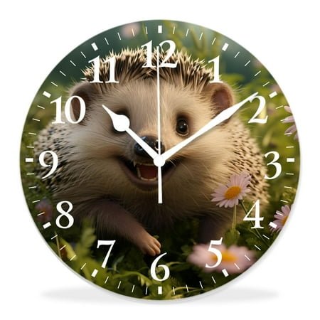 12 Inch Wall Clock Battery Operated Silent Clock Decorative for Office, Kitchen, Outdoor, Living Room，Funny Cute West European Hedgehog Animal on Green Grass Meadow Art