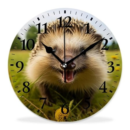 12 Inch Wall Clock Battery Operated Silent Clock Decorative for Office, Kitchen, Outdoor, Living Room，Funny Cute West European Hedgehog Animal on Green Grass Meadow Creative