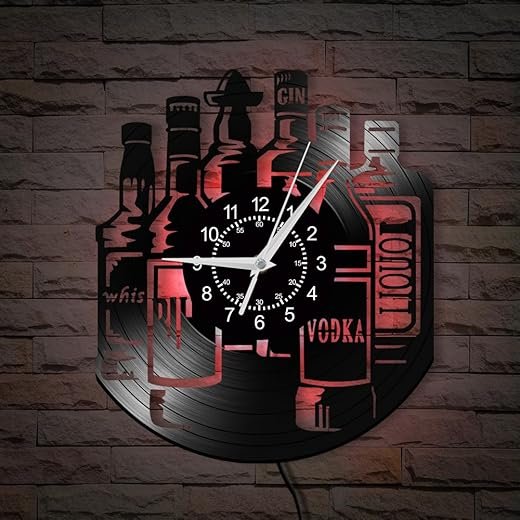 12'' Liquor Decorative Wall Clock 7 Color Changing, Whisky Vodka Gin Winebottle Drinking Wall Watch Clock Silent Non Ticking Night Light Wall Clock for Kitchen Pub Bar Man Cave Alcohol Gift