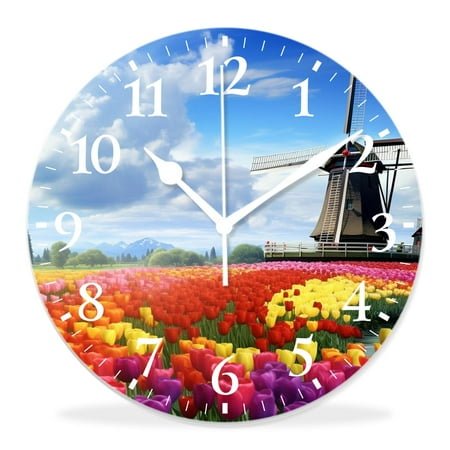 14 Inch Wall Clock Battery Operated Silent Clock Decorative for Office, Kitchen, Outdoor, Living Room，Traditional Dutch Tulips Style