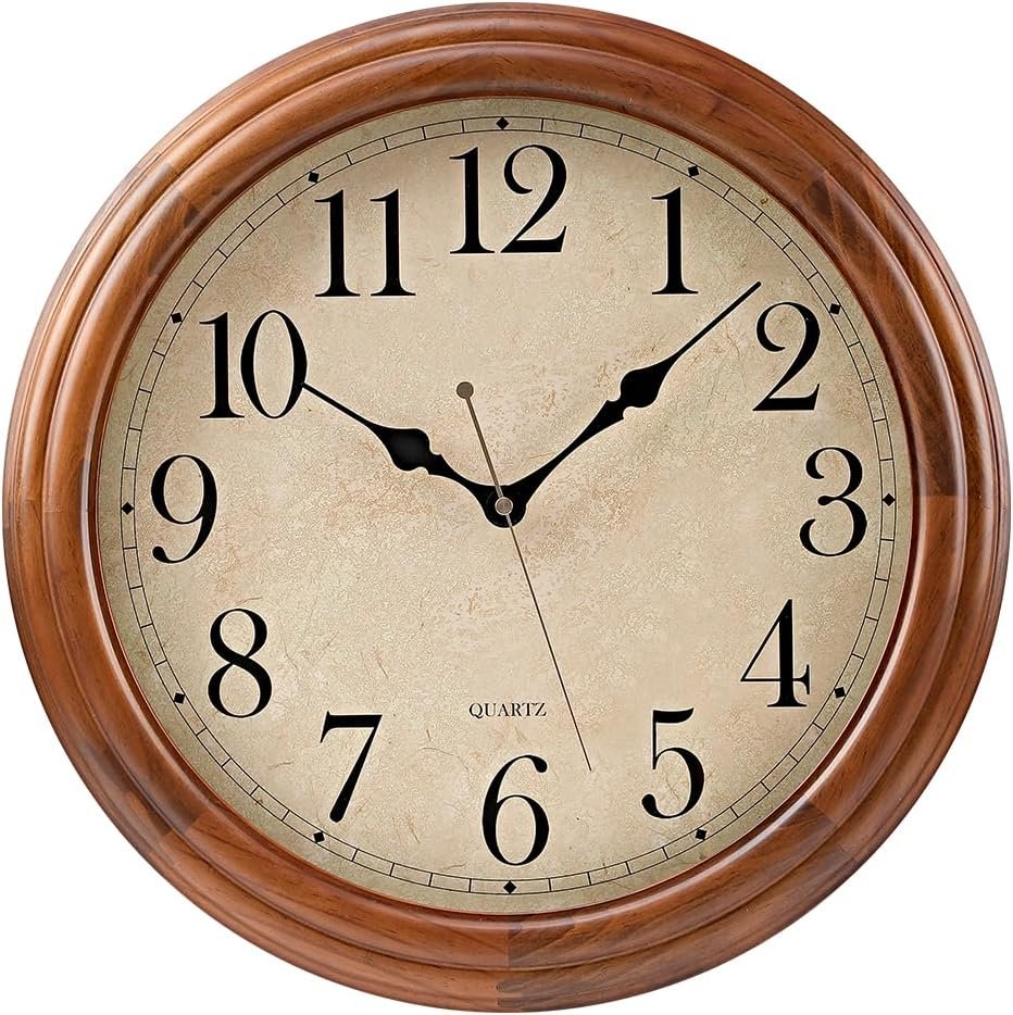 16 Inches Wooden Wall Clock with Retro Design, Large Round Wood Wall Clock with Big Arabic Numerals, Battery Operated Silent Non-Ticking Brown Wall Clock for Living Room, Kitchen, Bedroom.