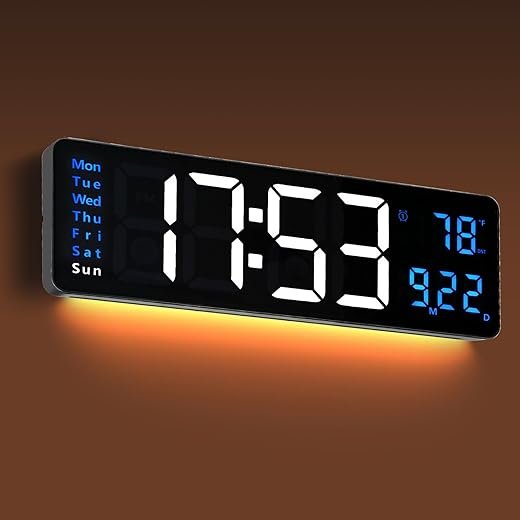 16 Large Digital Wall Clock,Digital Clock Large Display with Remote ,Big LED Wall Clock with 9 RGB Colors Night Light,Auto Dimmable,DST,Temperature,Day Date,Alarm,for Living Room Bedroom Elderly