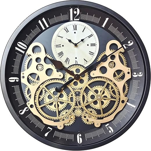 18 inch Original Industrial Wall Clock, Non-Ticking Vintage Real Moving Gear Battery Operated Antique Steampunk Decor Metal Clock for Home Kitchen, Living Room, Farmhouse (Gold-Black, 18 Inch)