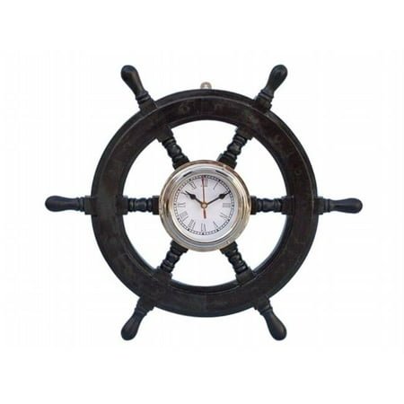 18 in. Deluxe Class Wood & Chrome Pirate Ship Wheel Clock - Black - 18in.