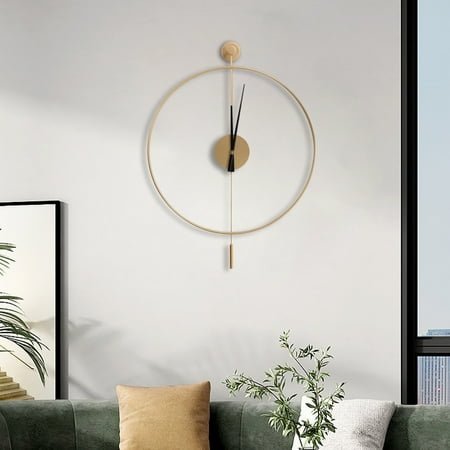 19.7 Large Decorative Wall Clock with Pendulum, Battery Operated Silent Metal Analog Wall Clocks for Living Room, Office Gold