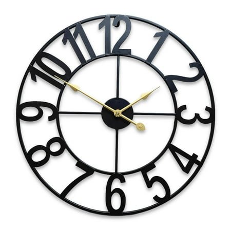 24 Inch Large Metal Wall Clock, Farmhouse Oversized Silent Black Iron Wall Clock with Arabic Numerals, Vintage Industrial Design for Indoor Outdoor Garden Patio Pool Yard Home Decoration