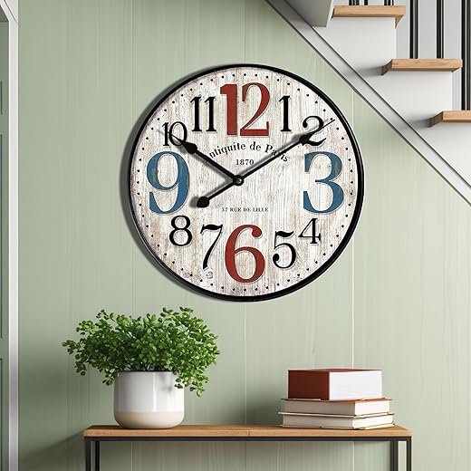 24 Inch Silent Large Wall Clock Battery Operated for Living Room,big Wooden Retro Wall Clock with big Arabic Numerals Decorative for Kitchen Farmhouse,Vintage Non-ticking Wall Clock for Bedroom Home