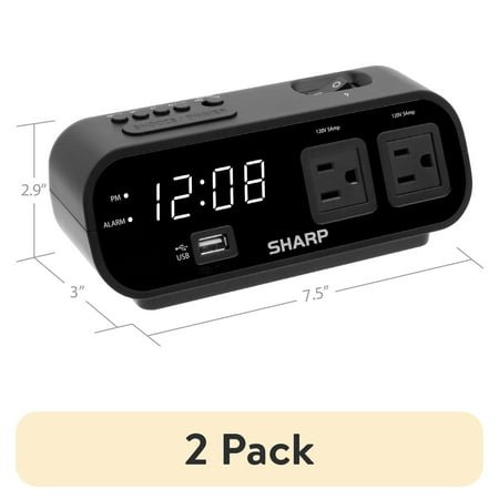 (2 pack) SHARP Digital Alarm Clock, 2 AMP USB Fast Charge Port, 2 x AC Power Outlets, White LED Display