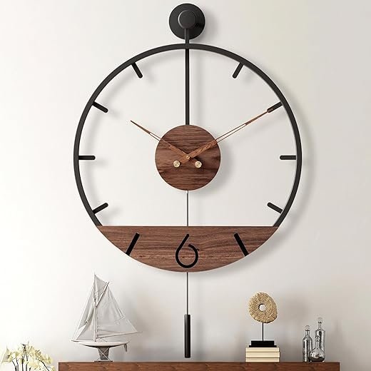 34.6×24 Inch Large Modern Decorative Pendulum Wall Clock,Big Metal Farmhouse Oversized Silent Wall Clocks Minimalist Elegant Walnut Dial Pointers for Living Room,Office,Dining Room Decor