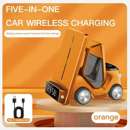 5 In 1 Phone Holder Wireless Chaarger Stand Alarm Clock for IPhone15 14 13 12Pro Max iWatch8 7 6 5 Airpods Fast Charging Station (Orange)