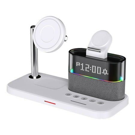 5 in 1 Wireless Charging Dock for iPhone for For AirPods Pro for iWAtch Touch Adjust Night Lamp Alarm Clock 15W Charger Stand for Samsung (White)