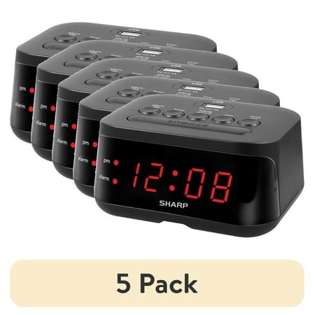 (5 pack) SHARP Digital Alarm Clock, Midnight Black, USB Charge Port, Red LED Display